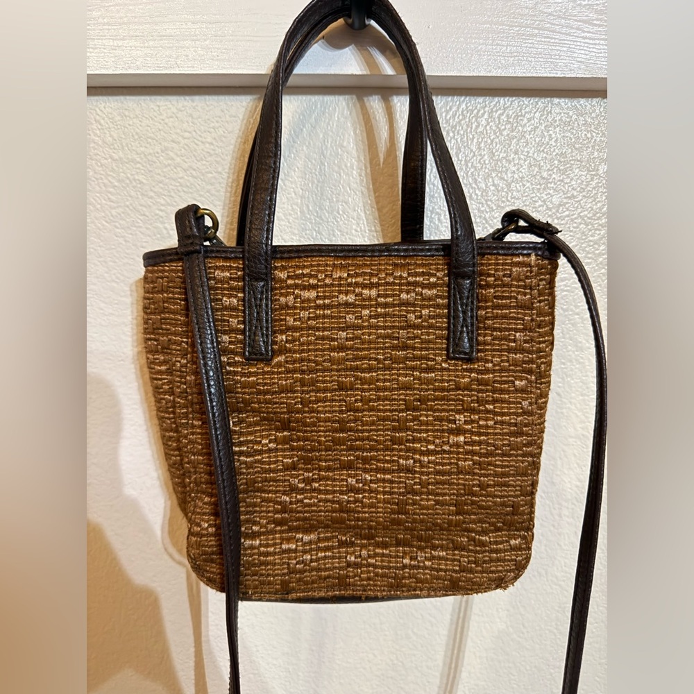 Vintage Apostrophe Brown Woven Crossbody Bag with Black Straps in meant conditio